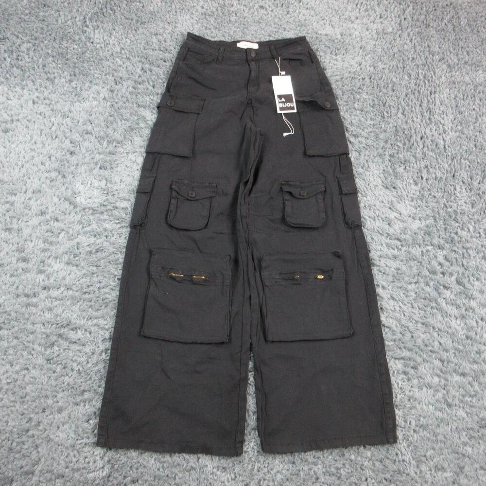 Labijou Pants Womens L Black Cargo Wide Leg Twill Cotton Spandex 26x30.5* NWT